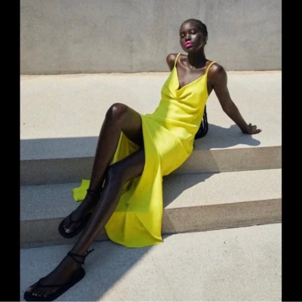Zara Neon yellow Satin Multi-position Strap Cowlneck Maxi Dress in Size M, NWT